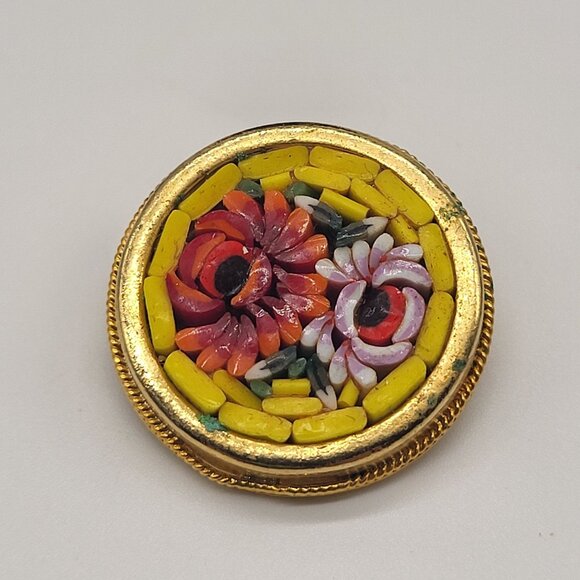 VTG Micro Mosaic Brooch Pin Gold Tone Floral Yellow Pink Orange Red - Picture 1 of 9